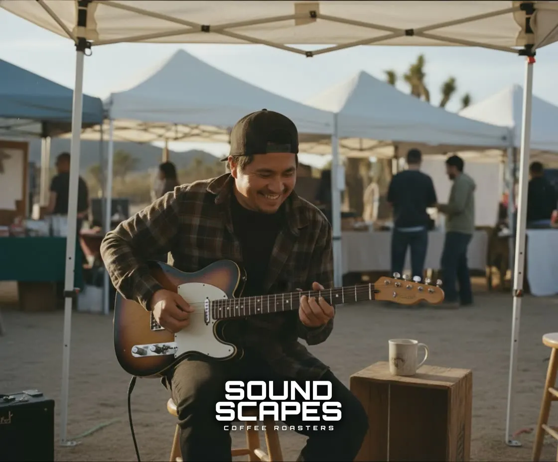 The Sound Scapes founder playing electric guitar at a desert market