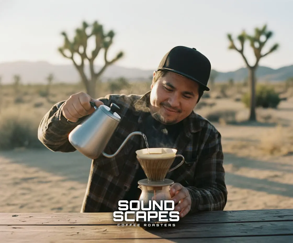 Brewing a pour-over in the desert at golden hour