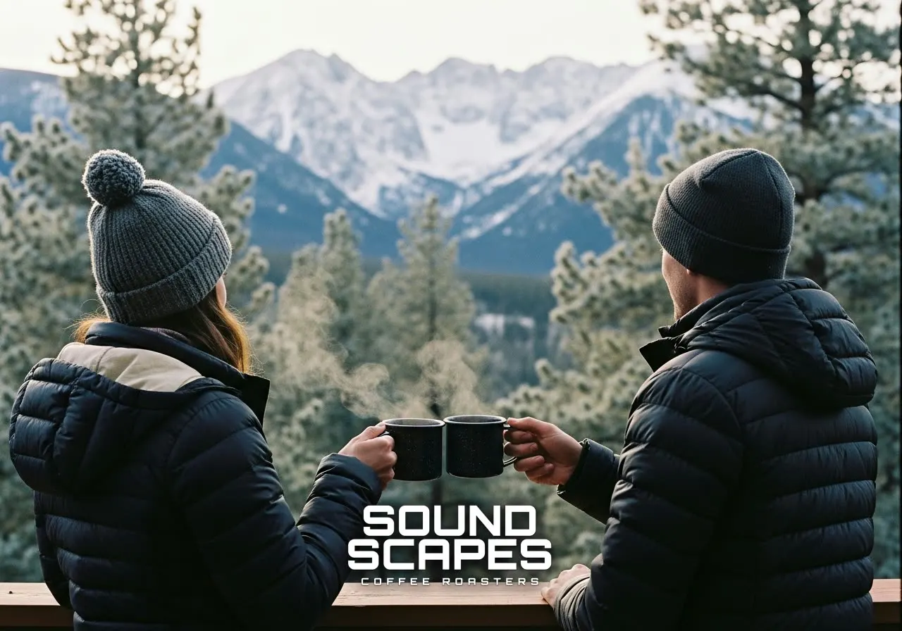 Two friends toasting coffee mugs in the Rocky Mountains, Colorado