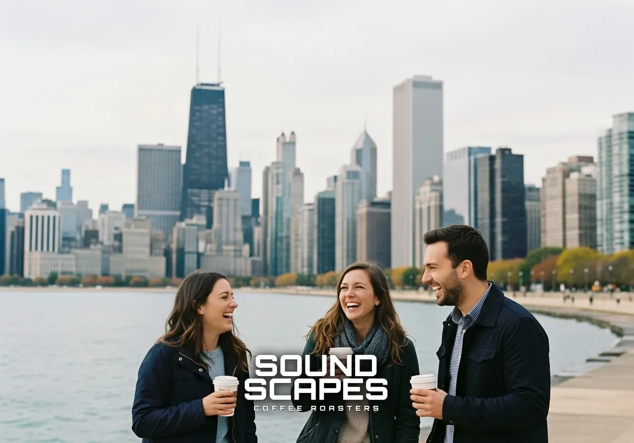 Friends with coffee on the Chicago lakefront
