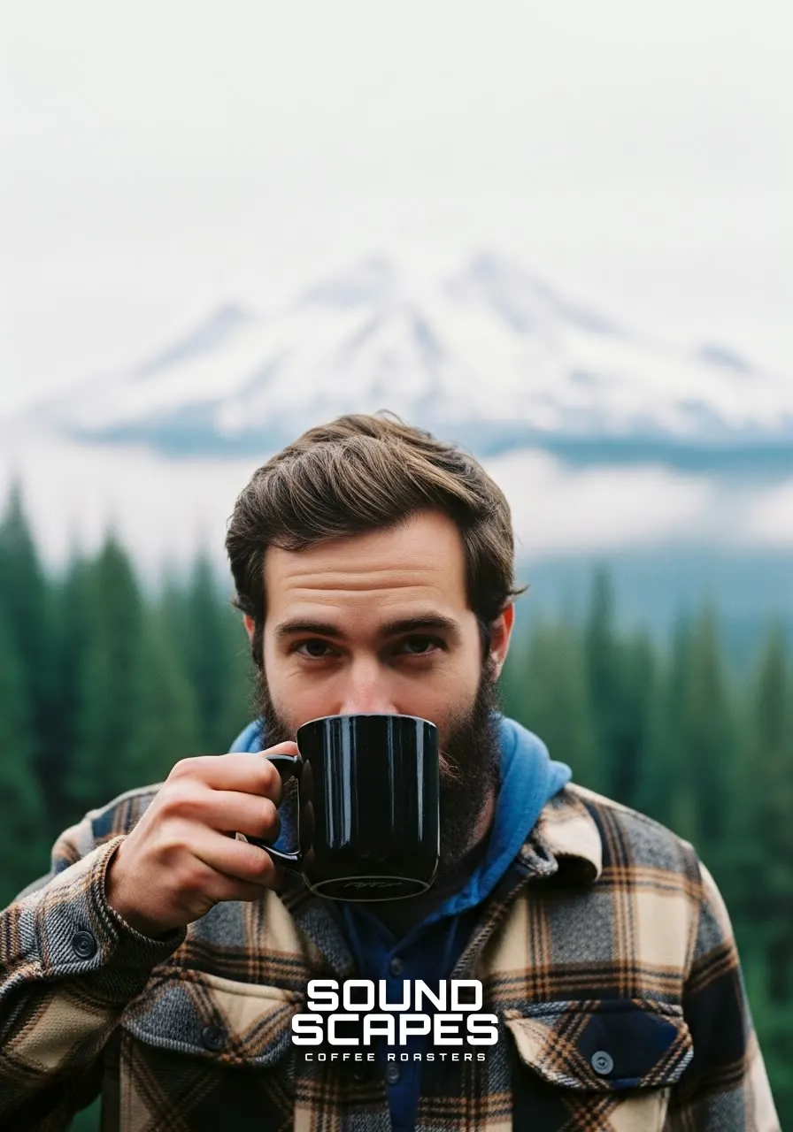 Man with coffee in a Pacific Northwest forest near Mount Rainier