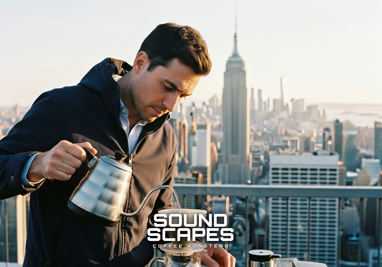 Pour-over coffee on a rooftop with the New York City skyline