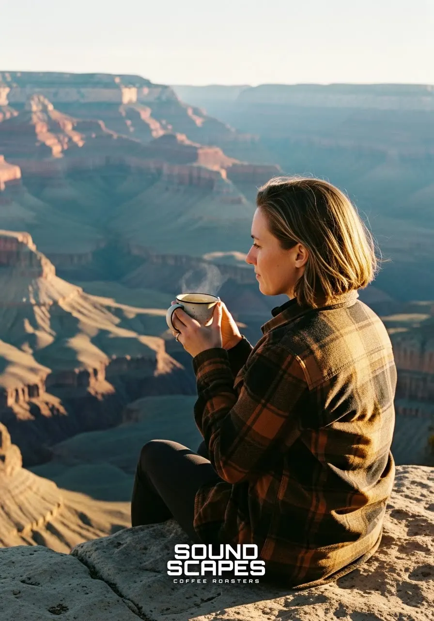 Woman with coffee at the rim of the Grand Canyon, Arizona