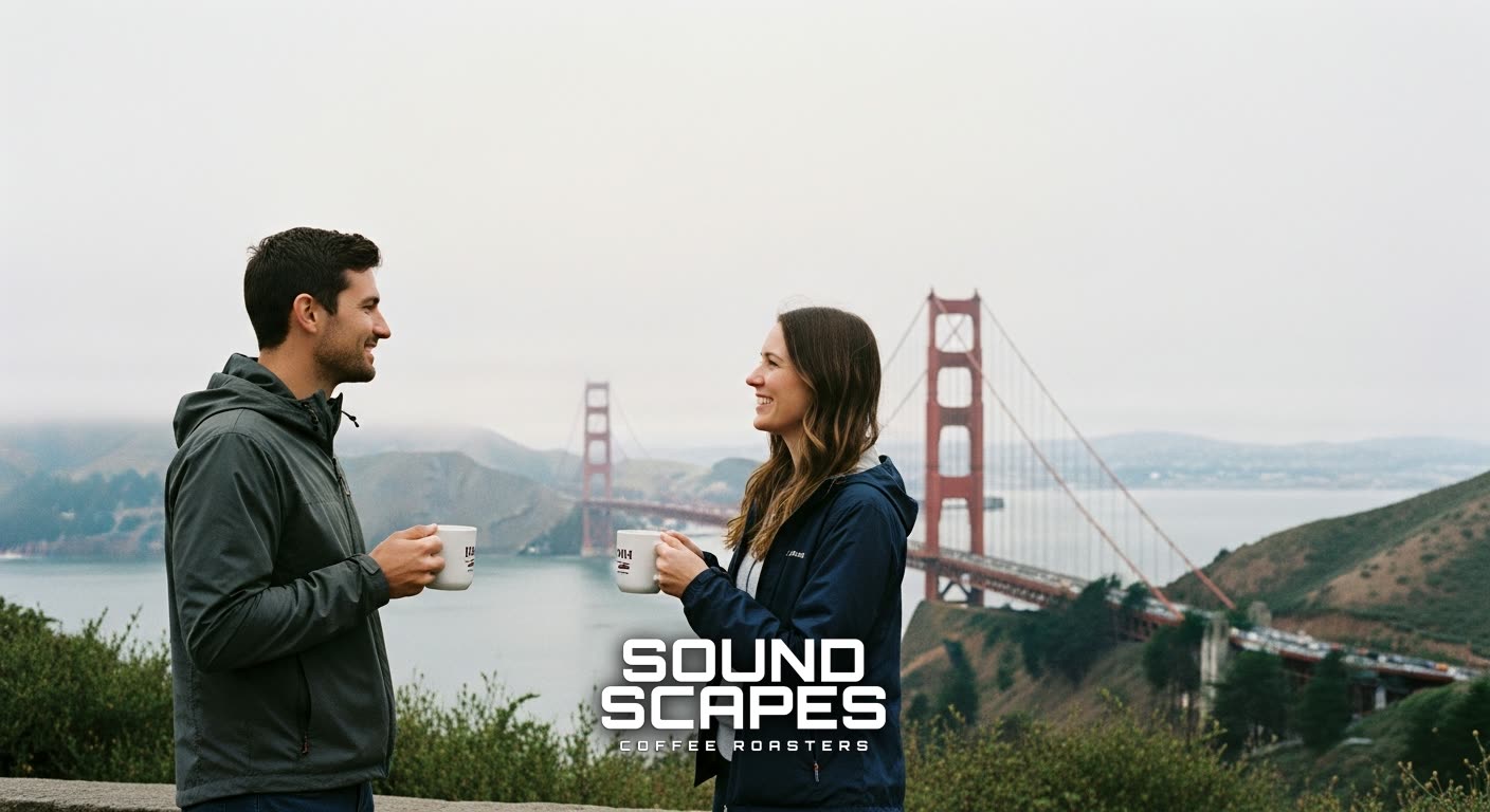 Couple with Sound Scapes coffee at the Golden Gate Bridge, San Francisco