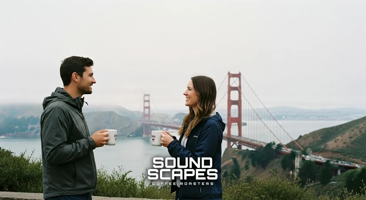 Couple with Sound Scapes coffee at the Golden Gate Bridge, San Francisco